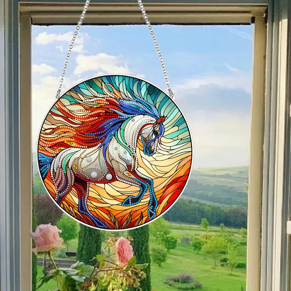 DIY Horse Stained Glass Acrylic Diamond Painting Hanging Pendant for Home Wall Decor