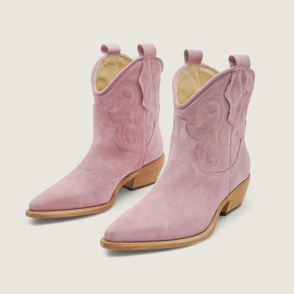 Pink Chunky Heel Embroidered Wide Calf Cowboy Boots for Women Nicepairs