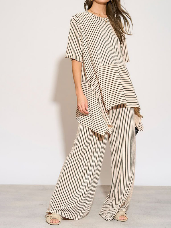 Striped Short Sleeve Irregular T-shirt Pants Set