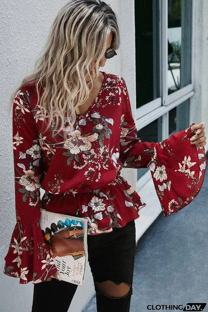 Floral V Neck Ruffle Top