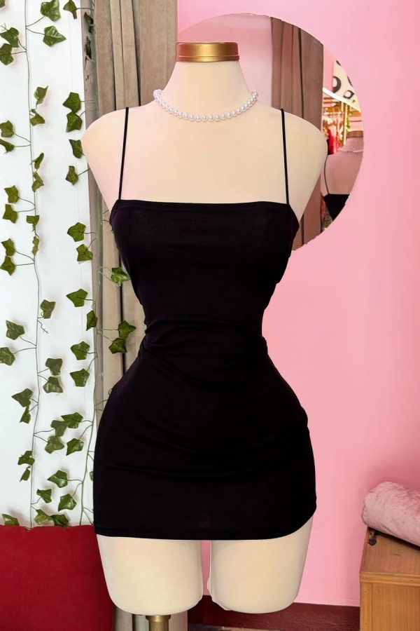 Black Spaghetti-Straps Short Prom Dress Sleeveless QL0059