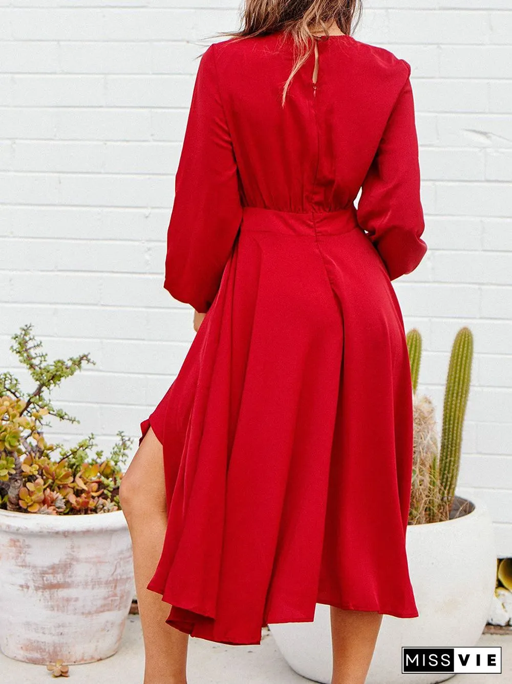 Red Deep V-Neck Long Sleeve Belt Dress
