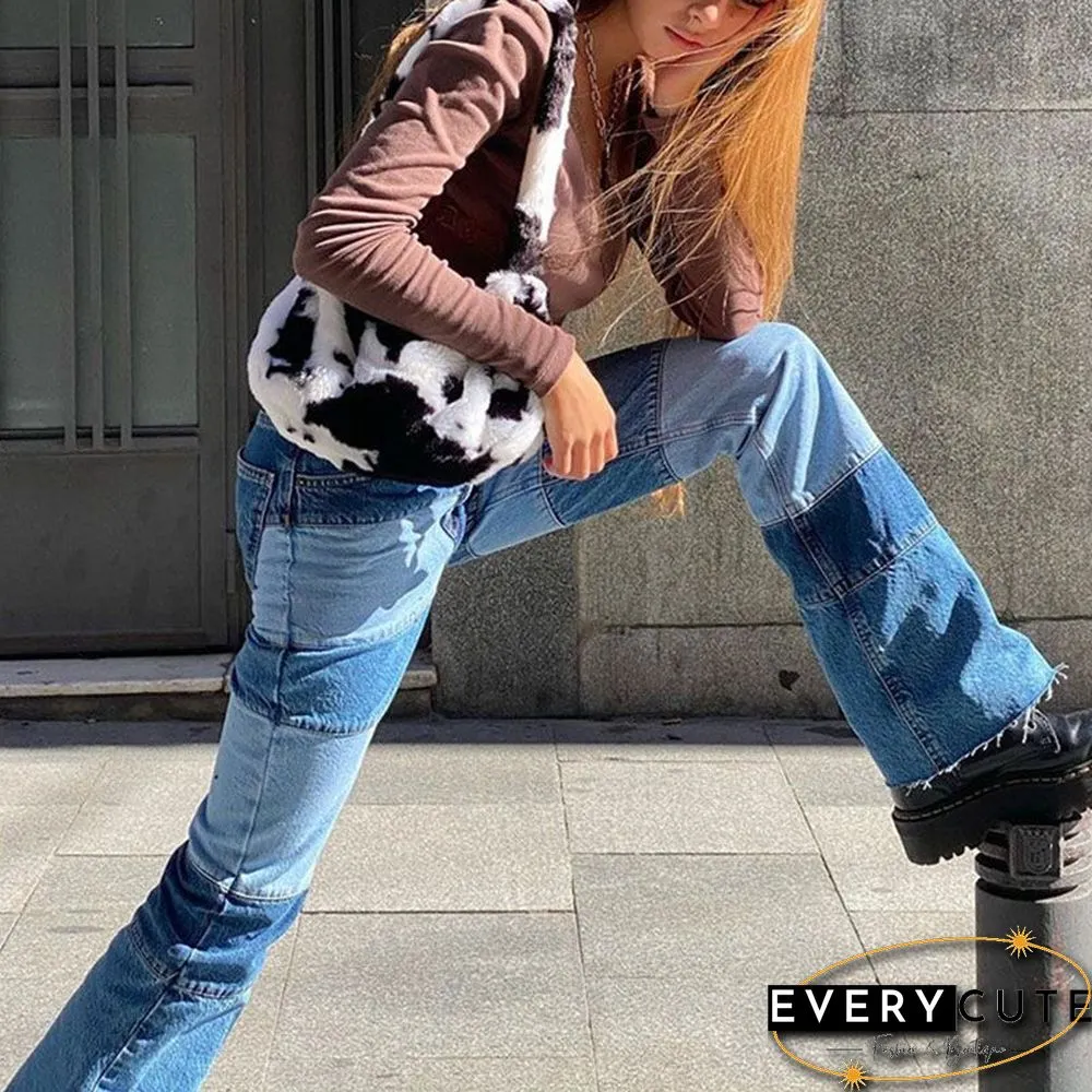 Patchwork Stitch Color Block Slim Fit Straight Leg Jeans Ripped Denim Pants