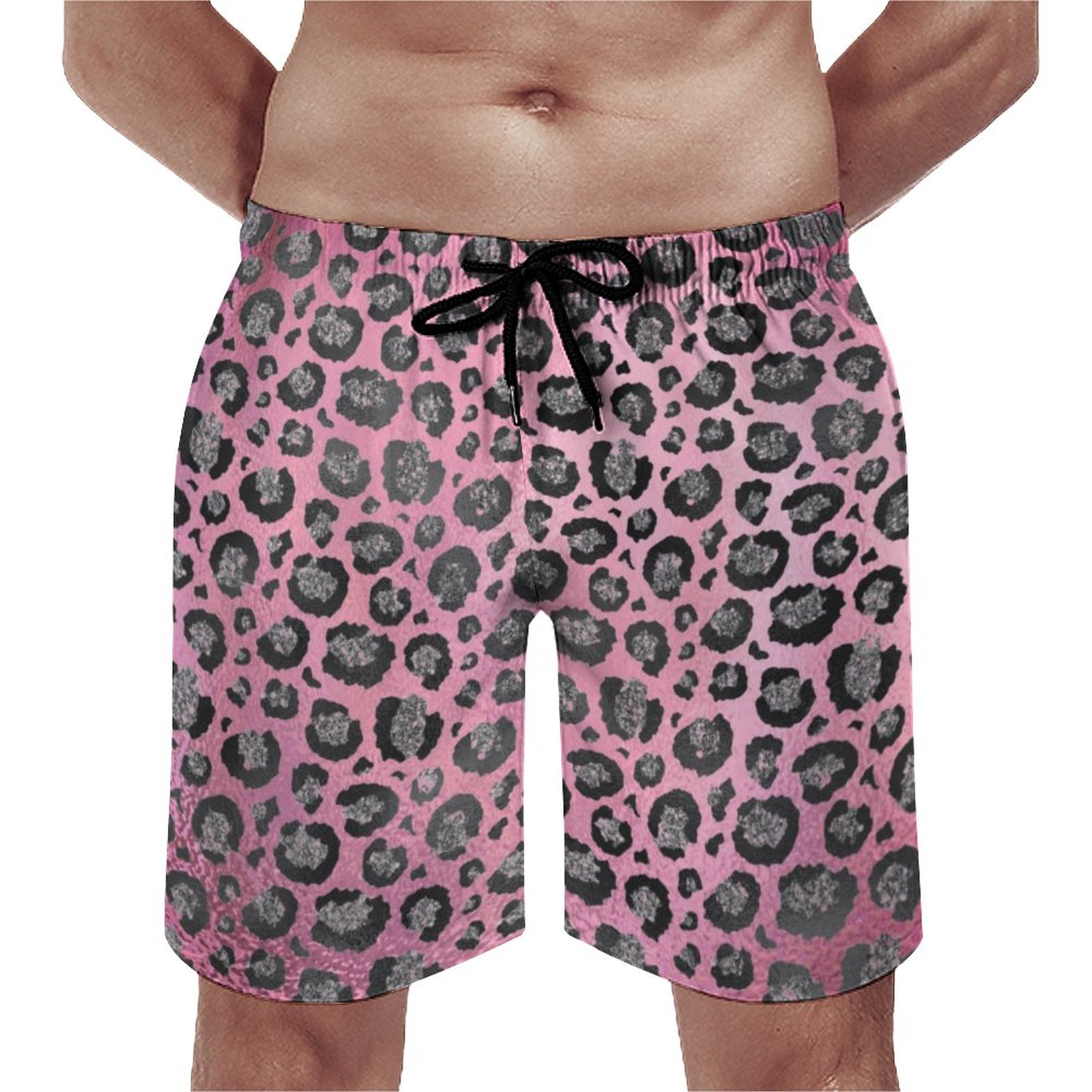 Glittery Leopard Print On Glossy Hot Pink Elegant Men's Swim Trunks Summer Board Shorts Quick Dry Beach Short with Pockets