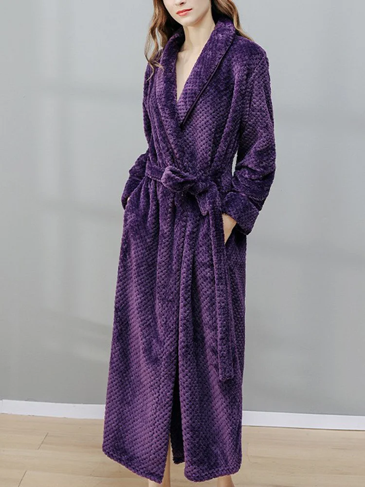 Casual Coral Velvet Lace Up Thicked Long Sleeve Bathrobe
