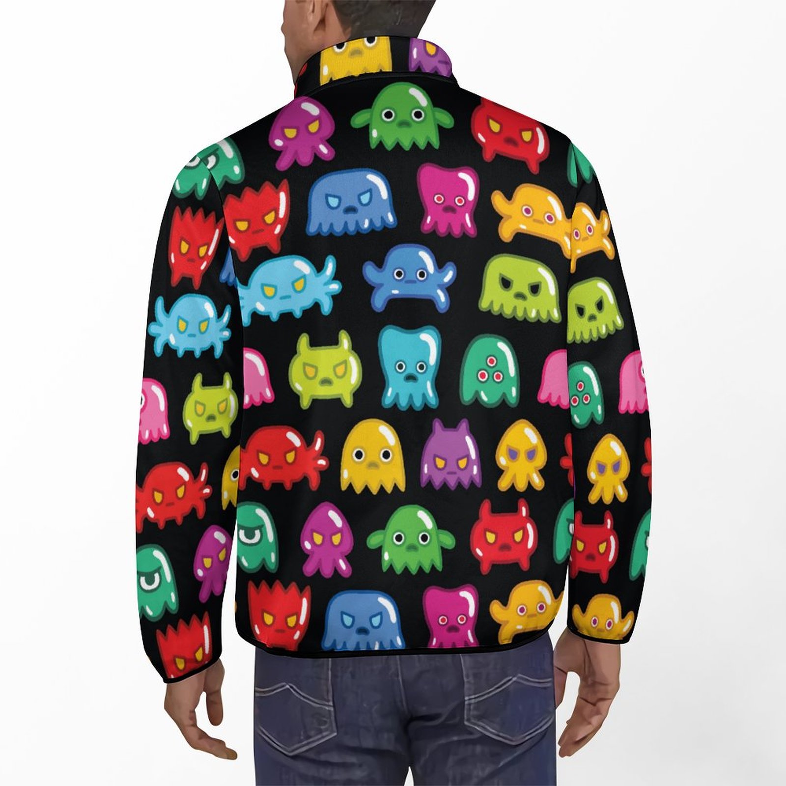 8 Bit Pixel Zebra Print Video Game Monsters Mens Sweatshirt Casual Long Sleeve Outdoor Stand Collar Button Pullover Sweatshirts