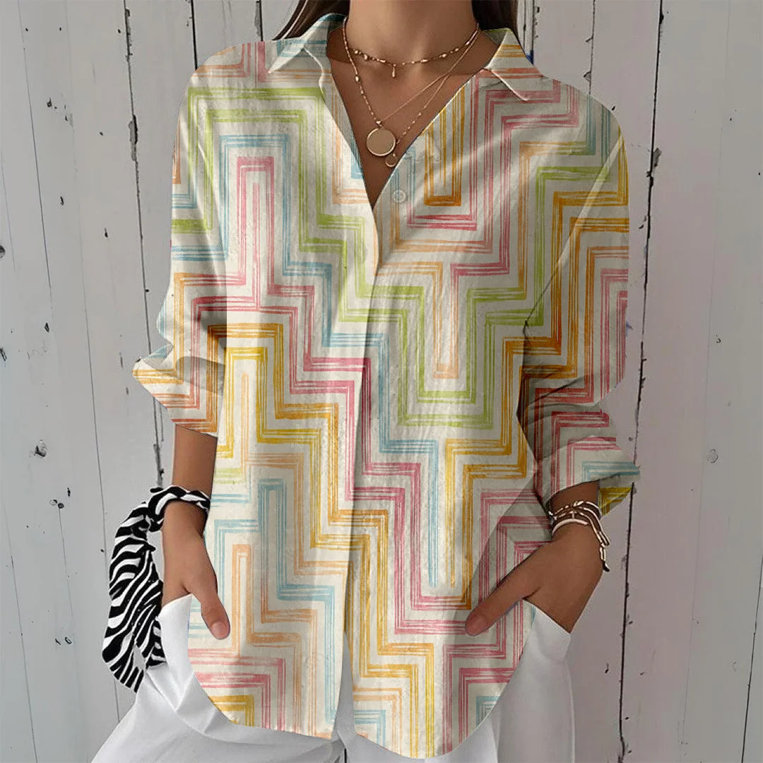 Style & Comfort for Mature Women Women Geometric,Colorful DZCL0278 3/4 Sleeve Shirt Collar Printed Button Tops