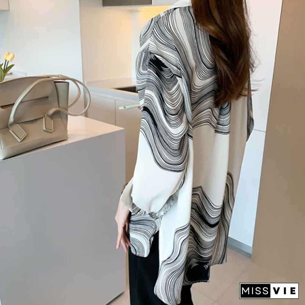 Colorblock Stripe Print Lapel Shirt Workwear