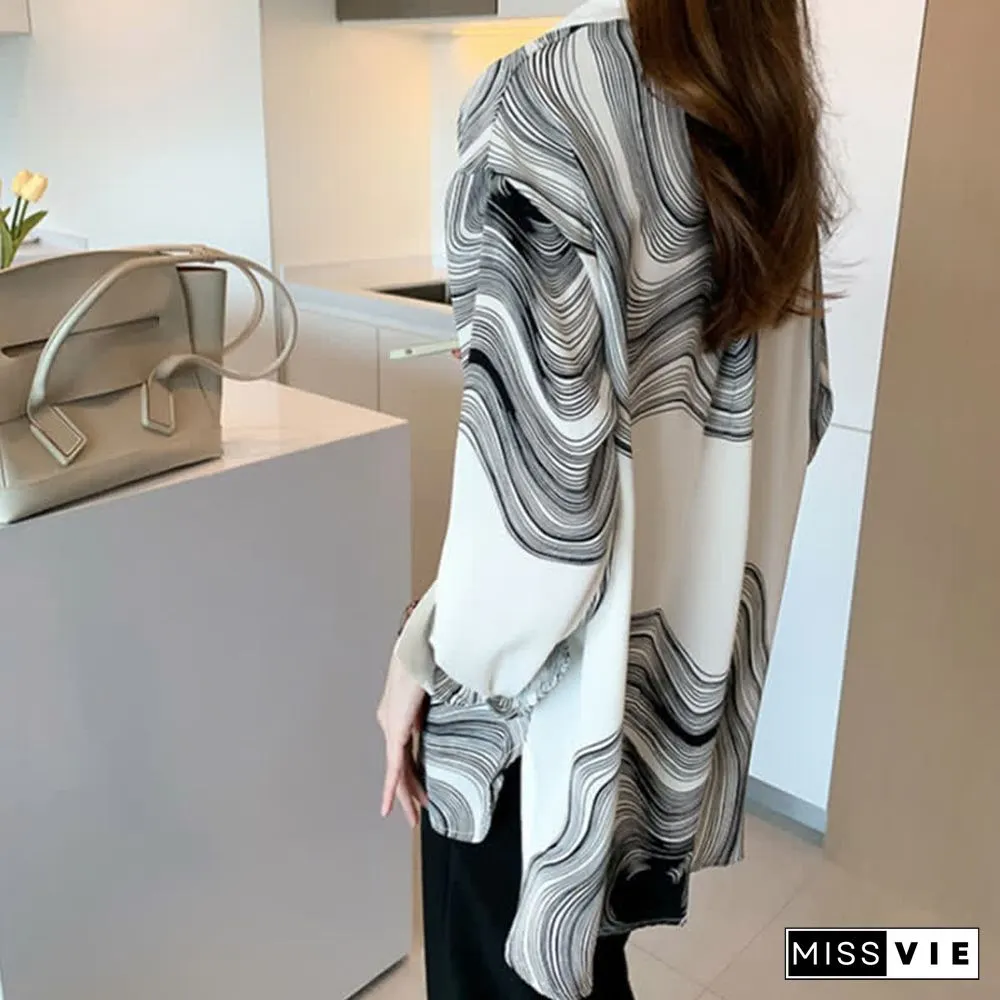 Colorblock Stripe Print Lapel Shirt Workwear