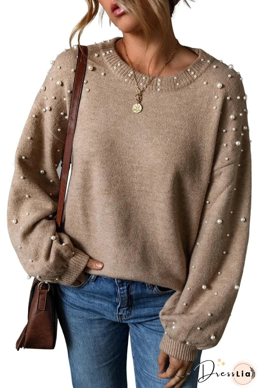 Smoke Gray Pearled Drop Shoulder Round Neck Sweater