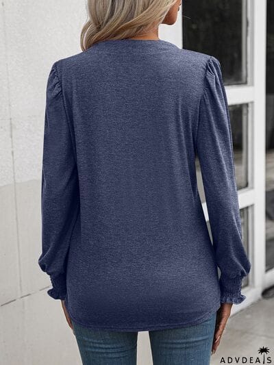 Notched Smocked Lantern Sleeve Blouse