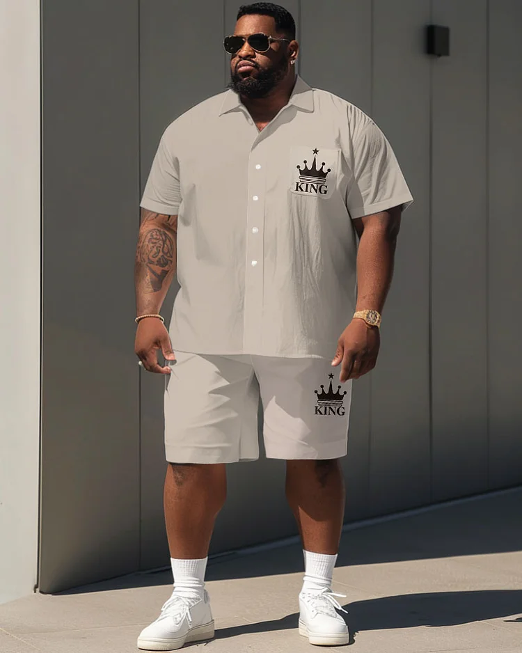 Men's Plus Size Casual Simple King Letter Print Pocket Short Sleeve Shirt Shorts Suit