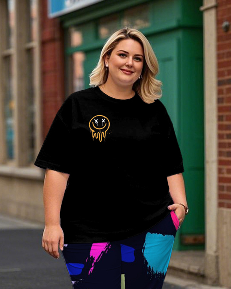 Women's Plus Size Smiley Face Print T-Shirt and Graffiti Trousers Suit