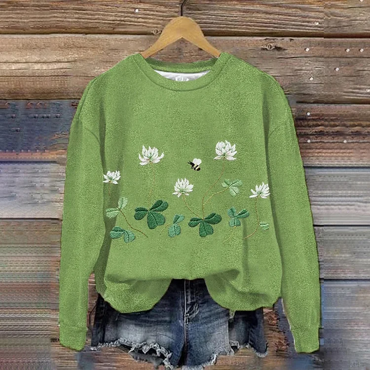 VChics Women's Embroidered Clover And Bee Print Casual Sweatshirt