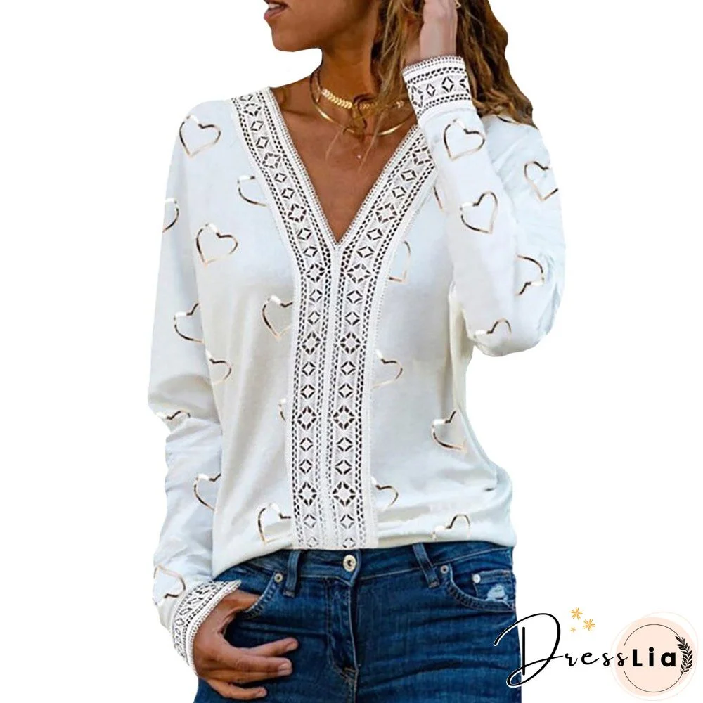 Fashion Lace Stitching Office Lady Elegant Blouses Tops Heart-Shaped Print White Long Sleeve Sexy V Neck Loose Female Pullover