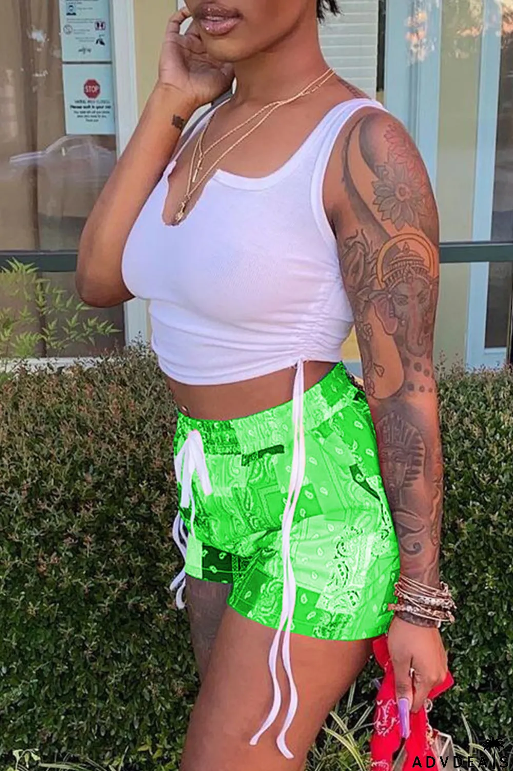 Grey Sexy Print Ripped Contrast Spaghetti Strap Sleeveless Two Pieces