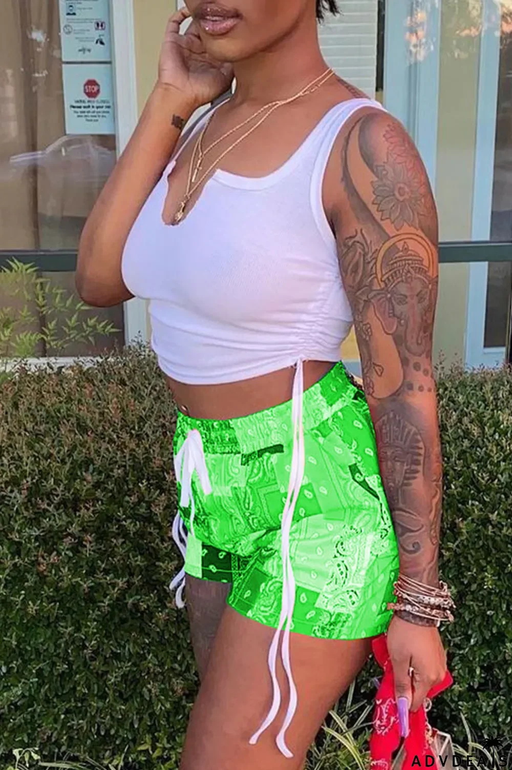 Grey Sexy Print Ripped Contrast Spaghetti Strap Sleeveless Two Pieces