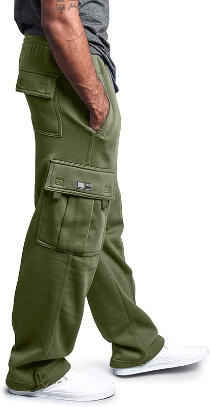 Men's Heavyweight Cargo Fleece Sweatpants Stretch Elastic Waist Trousers Drawstring Loose Fit Joggers With Pockets