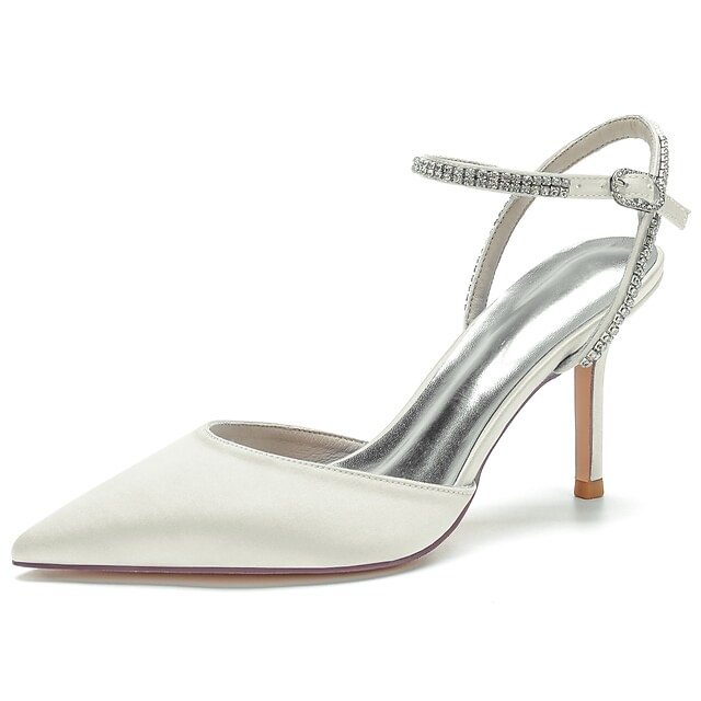 Women's Wedding Shoes Pointed Toe Elegant Satin Ankle Strap Glitter Stiletto Heels