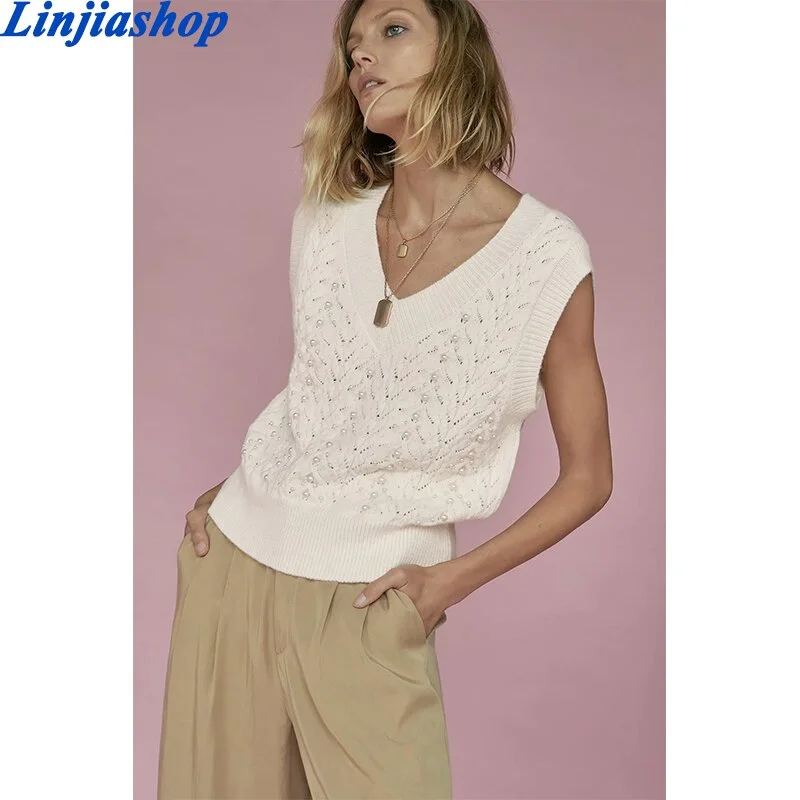 Spring women sweater vest beige knitted v neck sleeveless cute pullover oversize lady sweet outwear