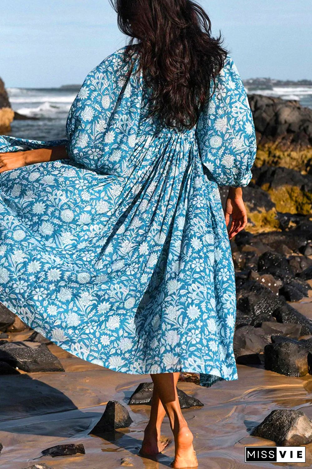 College Vacation Dress Floral Patchwork Frenulum Asymmetrical Collar Beach Dress