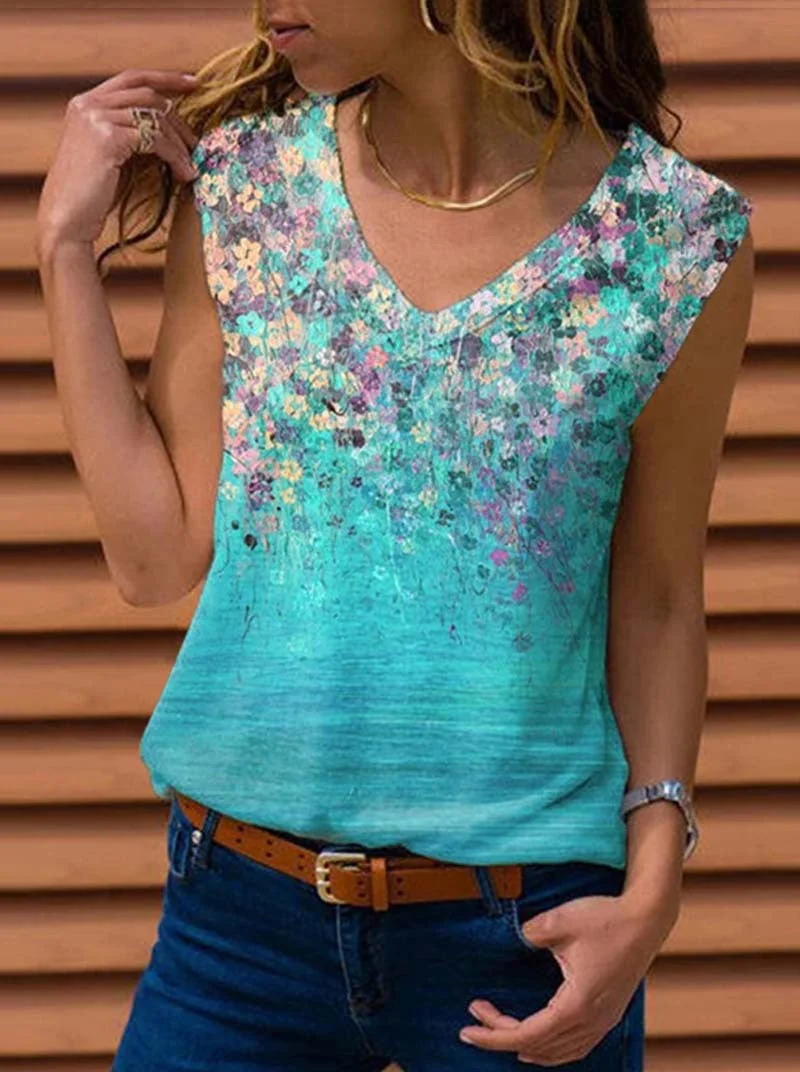 Uveng Loose Sleeveless V-neck Printed Vest T-shirt