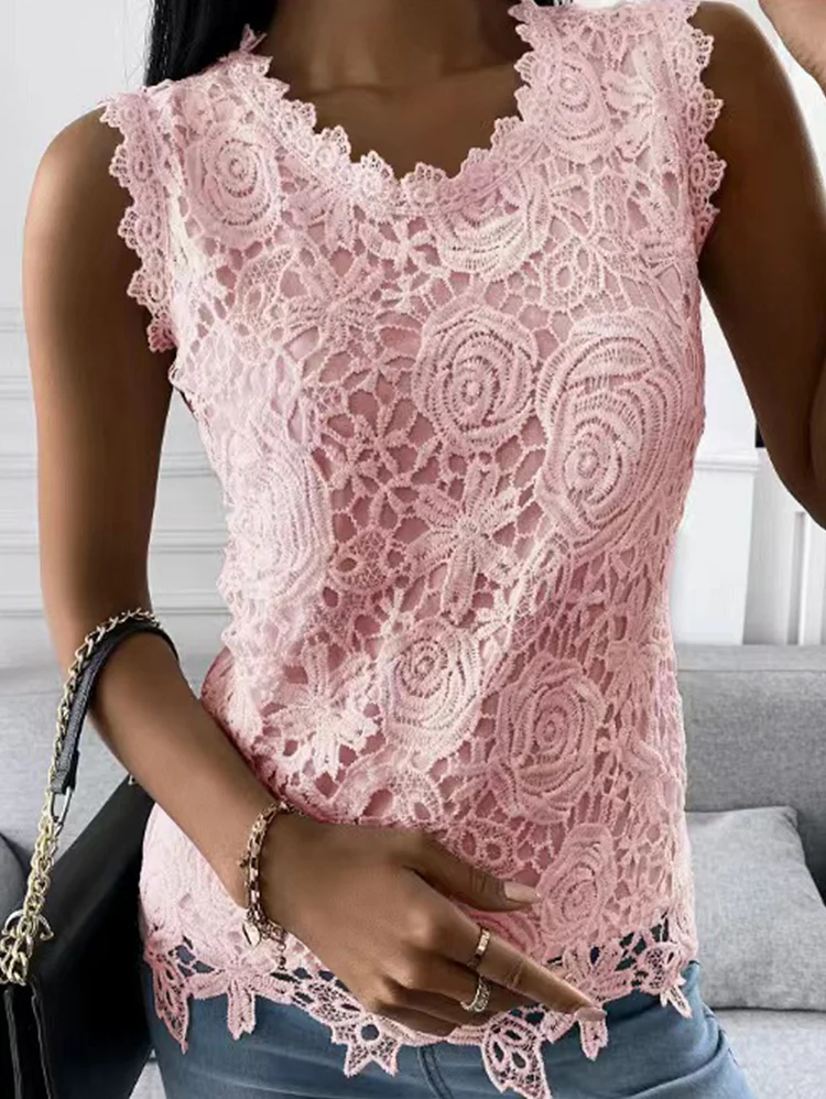 Solid Color Hollow Out Lace Slim Tank Top