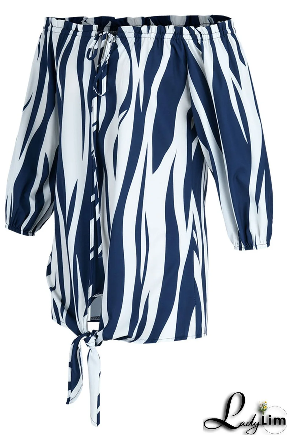 Tibetan Blue Fashion Casual Print Bandage Backless Off the Shoulder Tops