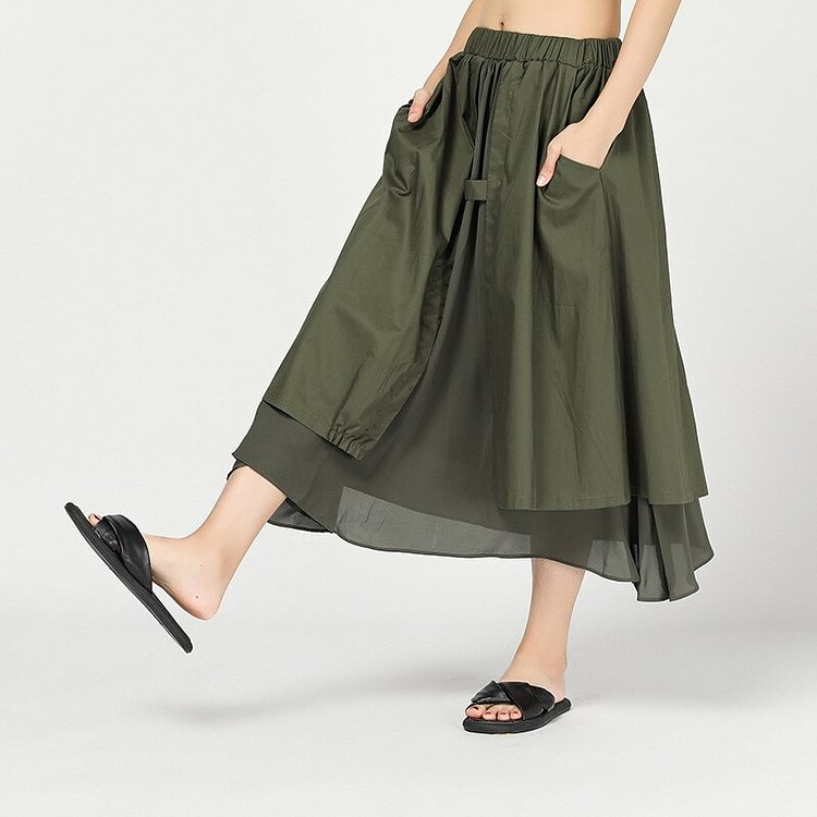 Casual Button Pleated Pockets Double Layer Chiffon Patchwork Skirt      