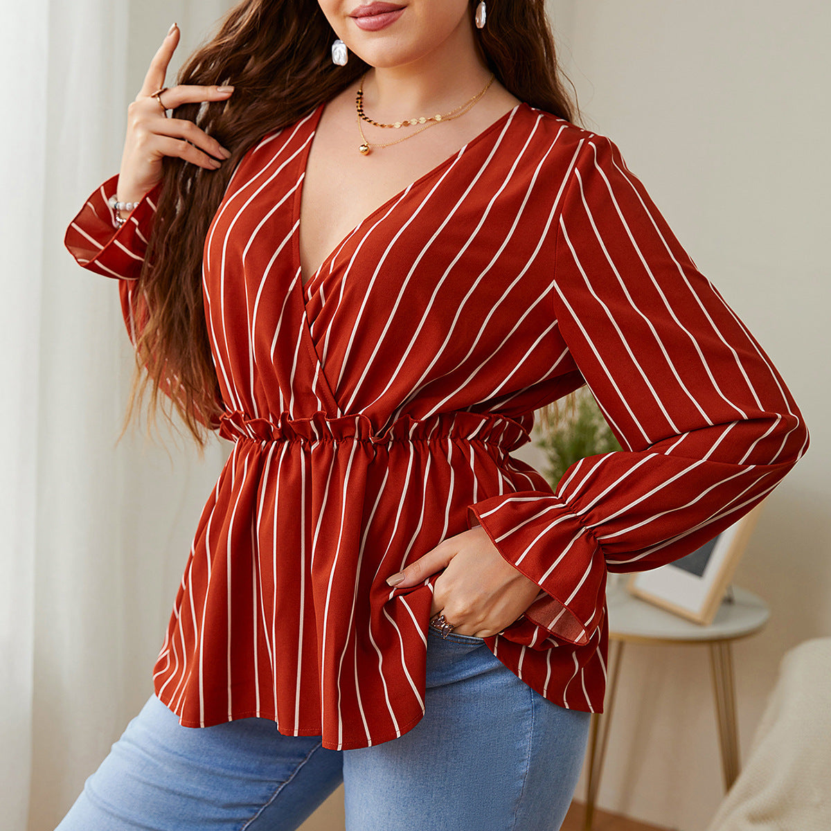 Plus Size Cotton Loose Striped Korean Stitching Collared Fashionable Retro Office Shirt