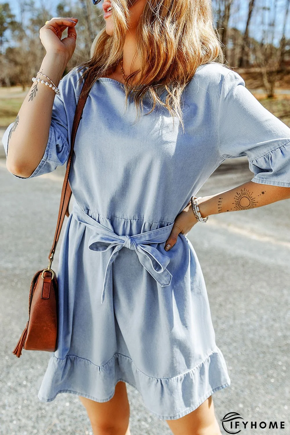 Sky Blue Ruffle Trim Half Sleeve Belted Denim Dress | IFYHOME