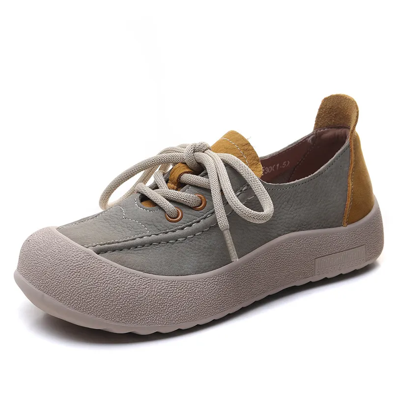 Yyvonne Leather Round Head Casual Shoes Women 2025 Spring New Flat Bottom Lace Single Shoes Fashion Leather Shoes