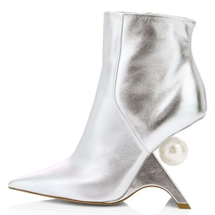 Silver Pointy Toe Fashion Boots Pearl Special Heel Ankle Boots Vdcoo