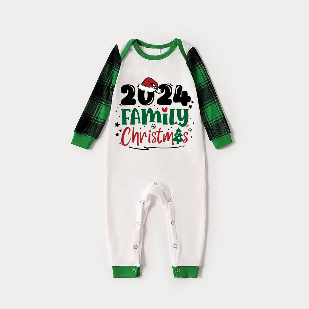 Santa Hat and Family Christmas 2024 Print Long Sleeve Top With Green & Black Plaid Christmas Matching Pajamas