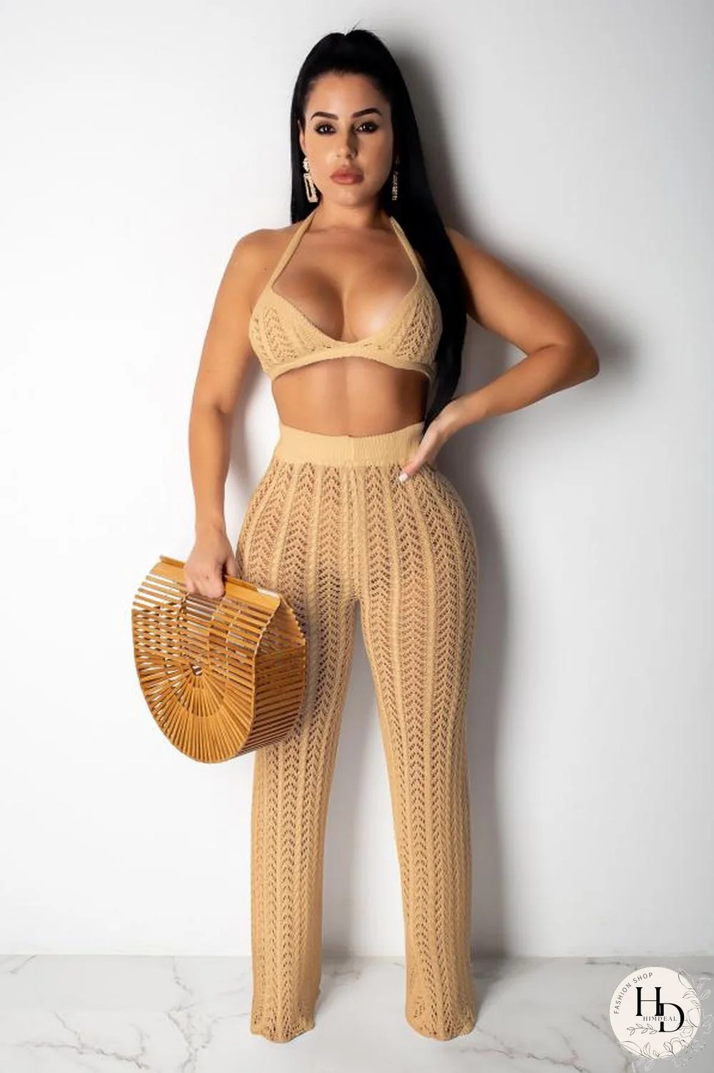 Khaki Polyester Sexy Fashion HOLLOWED OUT Solid crop top Bandage Slim fit Two Piece Suits asymmetrical Str