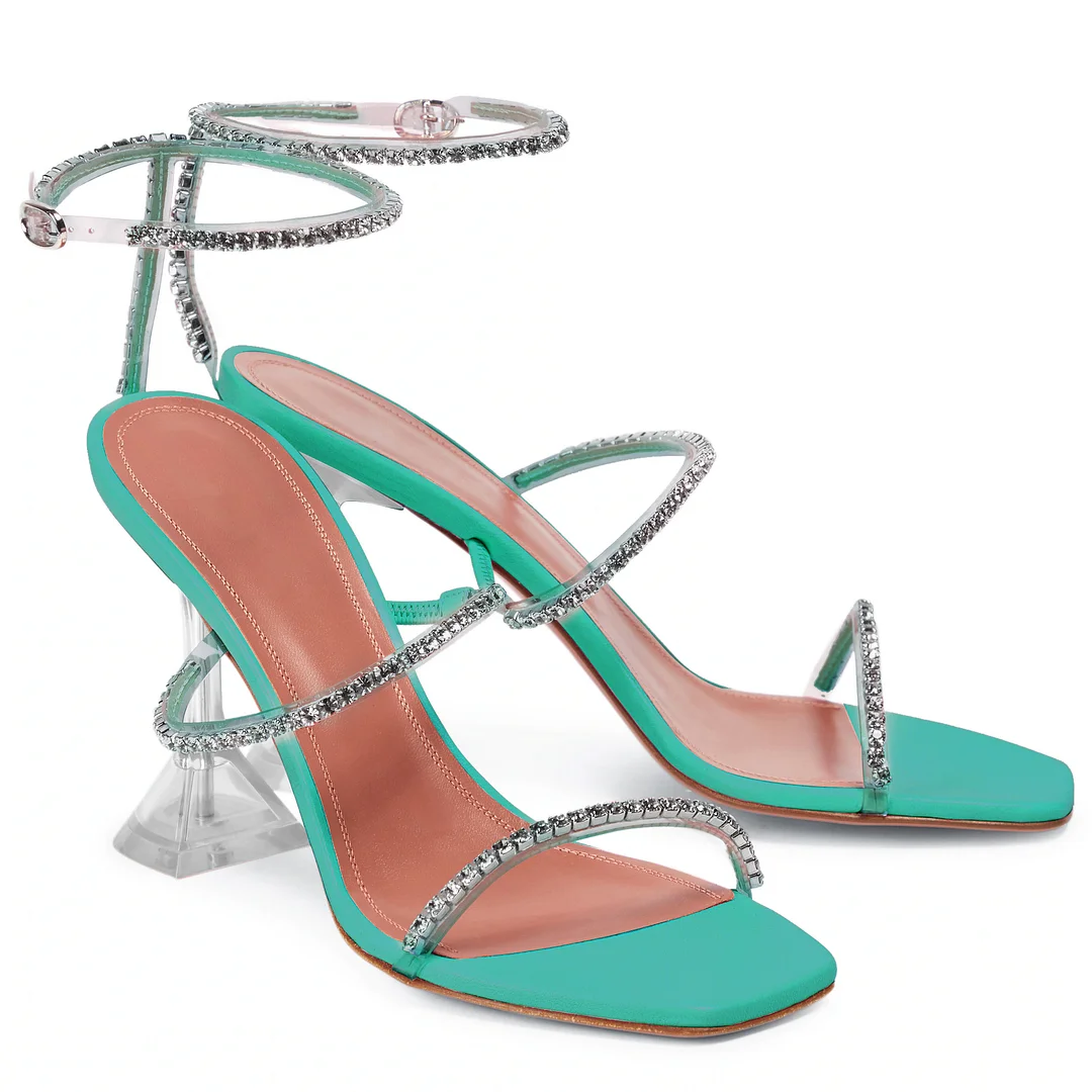 95mm Heeled Sandals for Women Square Toe Two Strap Party Wedding Matte Heels