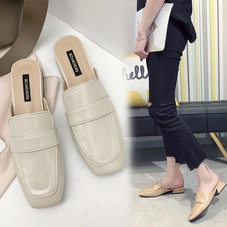 Wongn Wongn Drag Female Spring 2023 New British Wind Square Head Head Half Drag Skin Face Low Heel Lazy Slippers Female Small White Shoes