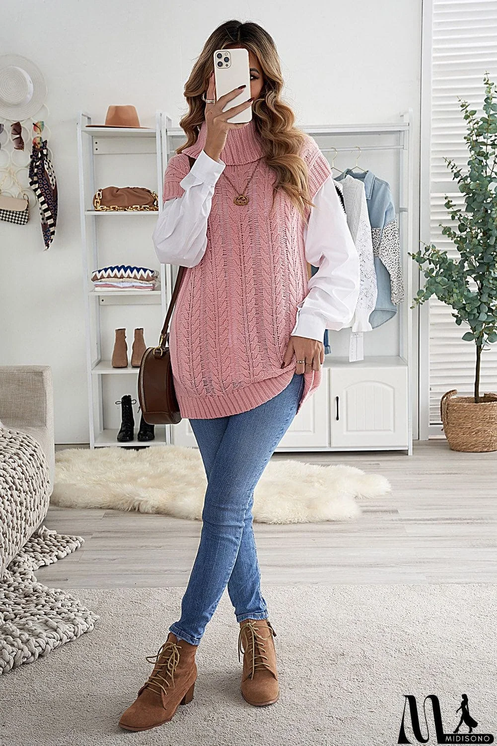 MidiSono - Casual Pink Turtleneck Braided Knitted Vest