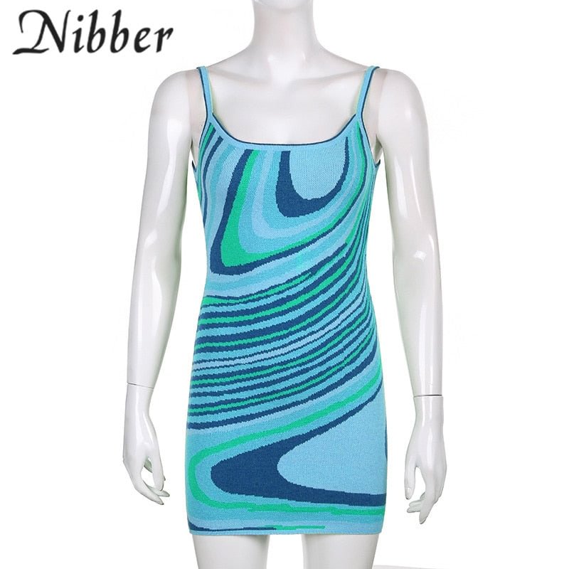 Nibber New Fashion Irregular Art Printed Mini Dress Sleeveless Sling Bag Butt Sexy Slim Fit For Women Holiday Party Wear 2021