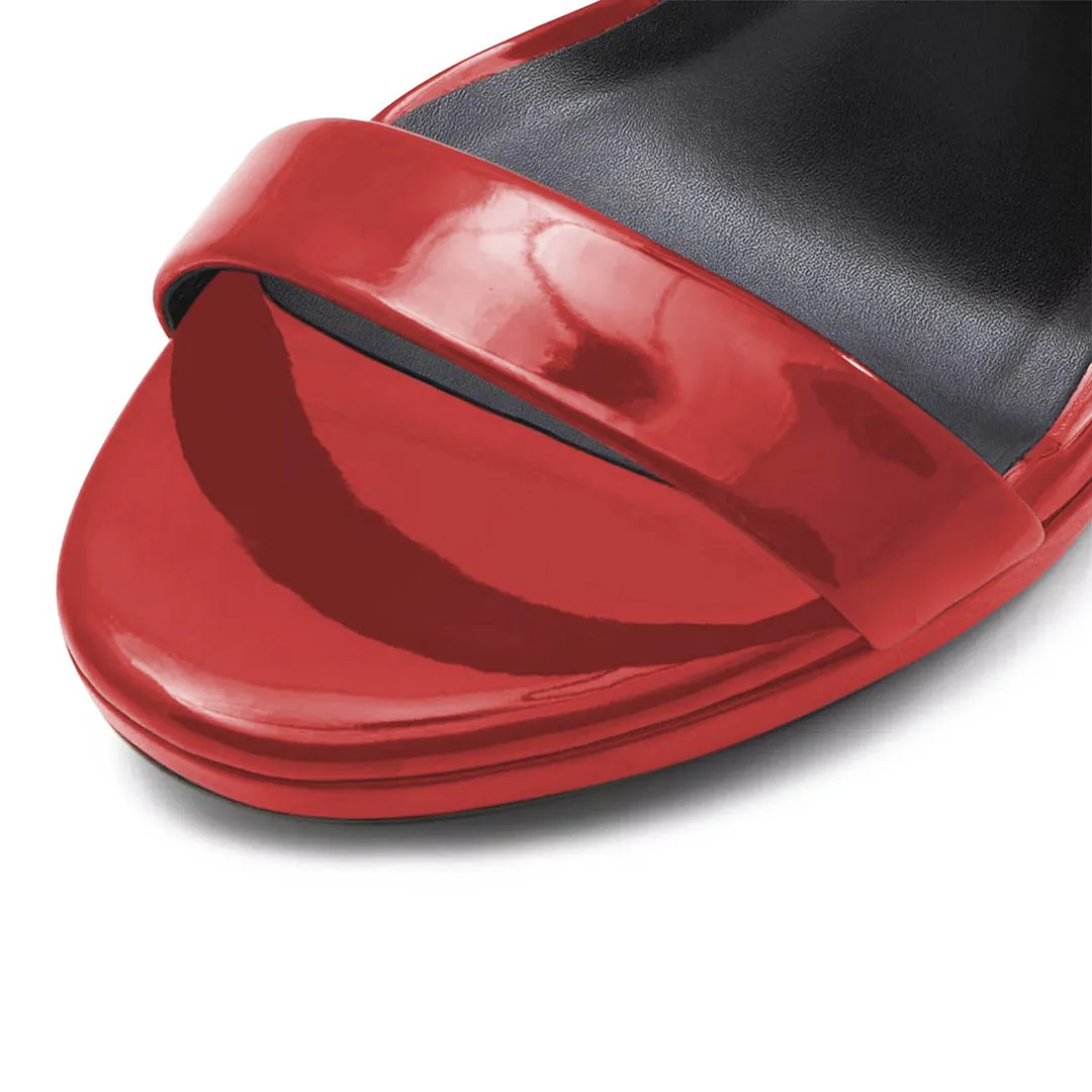 Red Round Toe Stiletto Heel Buckle Platform Ankle Strap Sandals