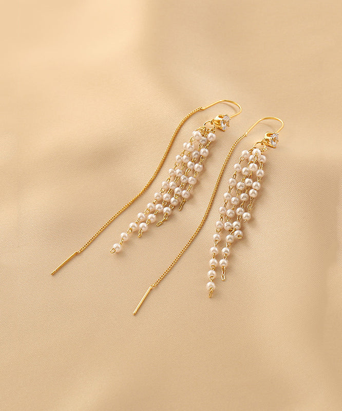 VCSHOES Gold Sterling Silver Alloy Pearl Tassel Drop Earrings