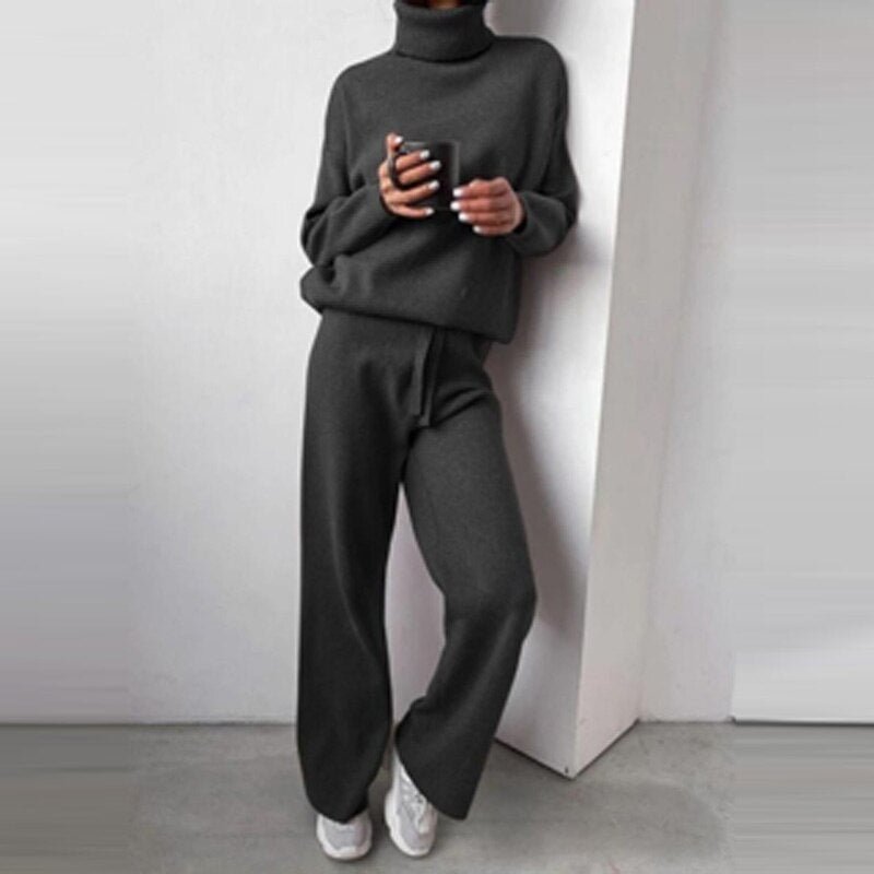 Solid Two Piece Set Women Turtleneck Long Sleeve Top Pullover Casual Long Pants Suit Female Autumn Homewear Outfits Tracksuit 120