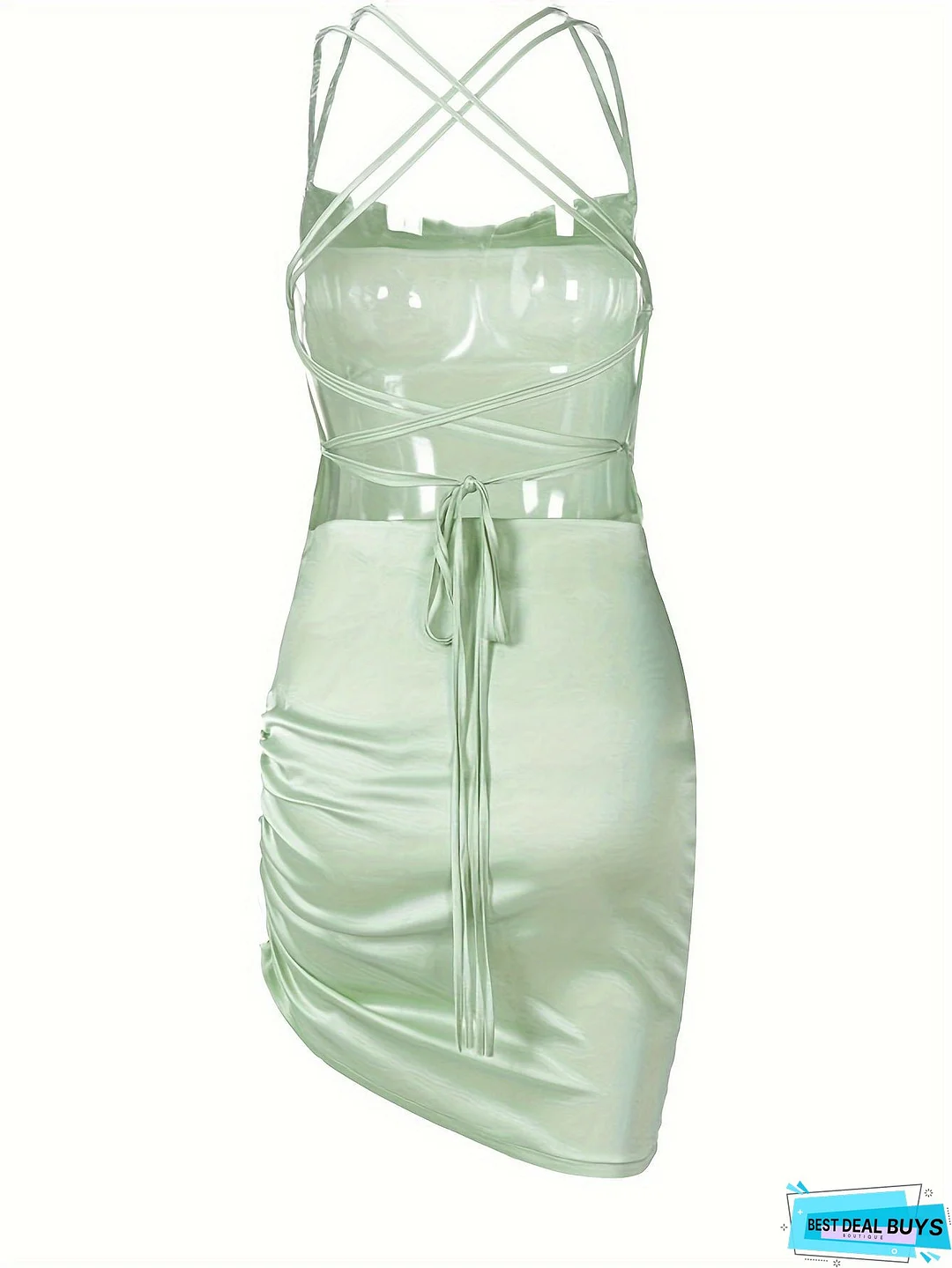 Backless Halter Neck Ruched Dress, Sexy Solid Sleeveless Asymmetric Hem Party Dress, Women's Clothing