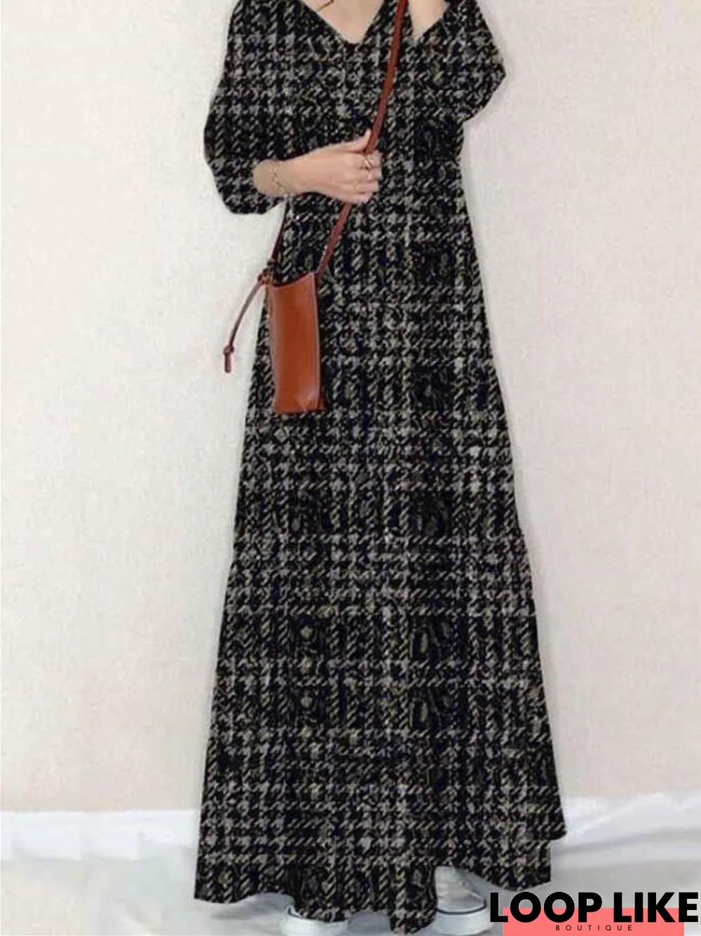 Plaid Pendulum V-Neck Long-Sleeved Dress