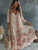 Women's Vintage Retro Floral Art Flowy Linen Blend Casual Long Sleeve Maxi Dress