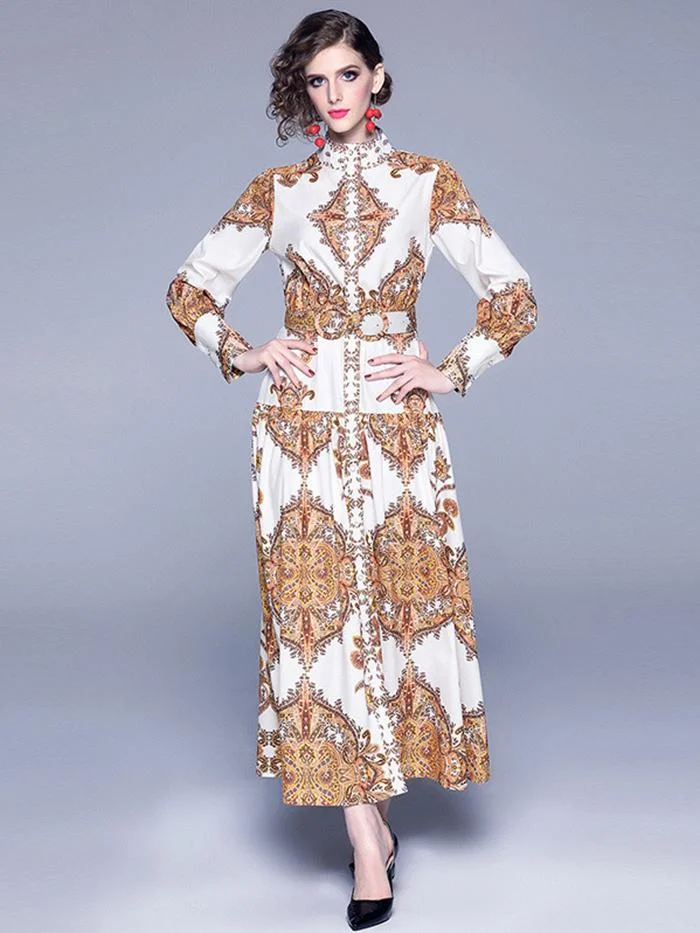 Women's retro loose print long-sleeved big swing dress