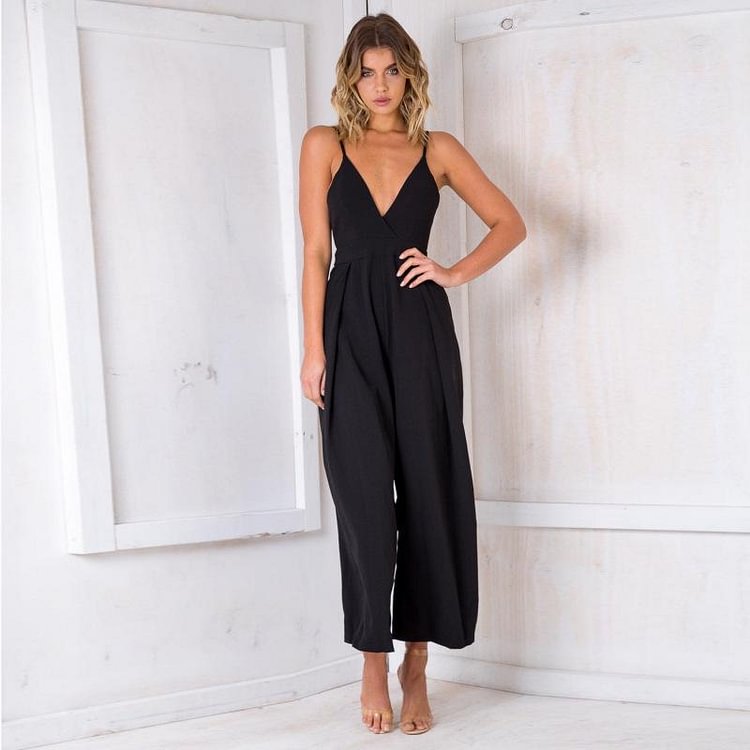 New European and American Style Sexy Deep V-neck Suspender Wide Leg Jumpsuit