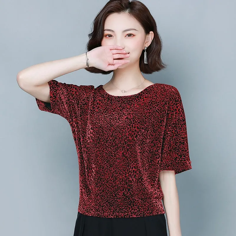 Sequin Blouses Red Shiny Women Blouses Plus Size Clothes M-4XL Short Sleeve Tops Fashion Elegant 2021 Summer Women Blouses 9197
