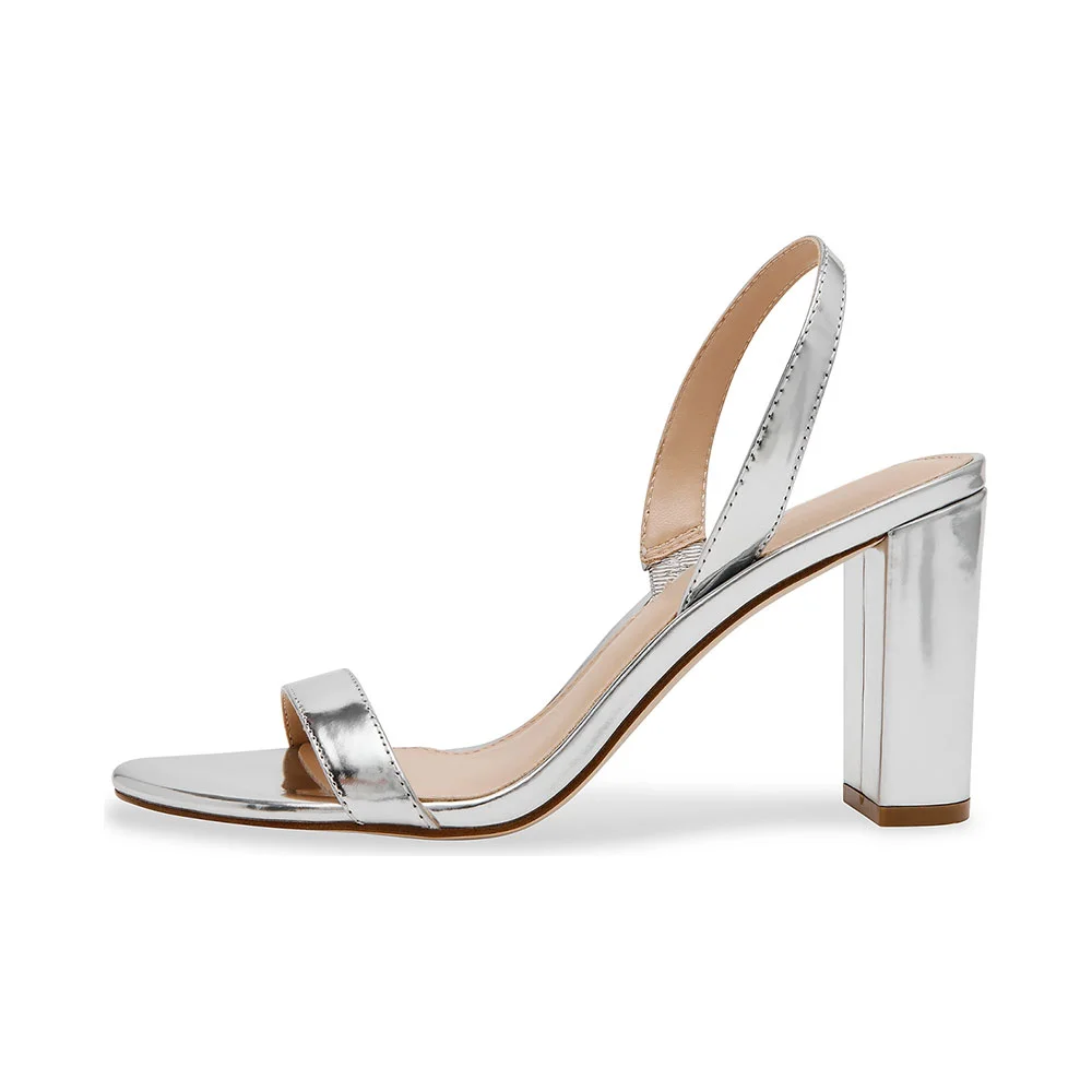 YDN Metallic Round Toe Chunky Heel Slingback Slip On Silver Sandals
