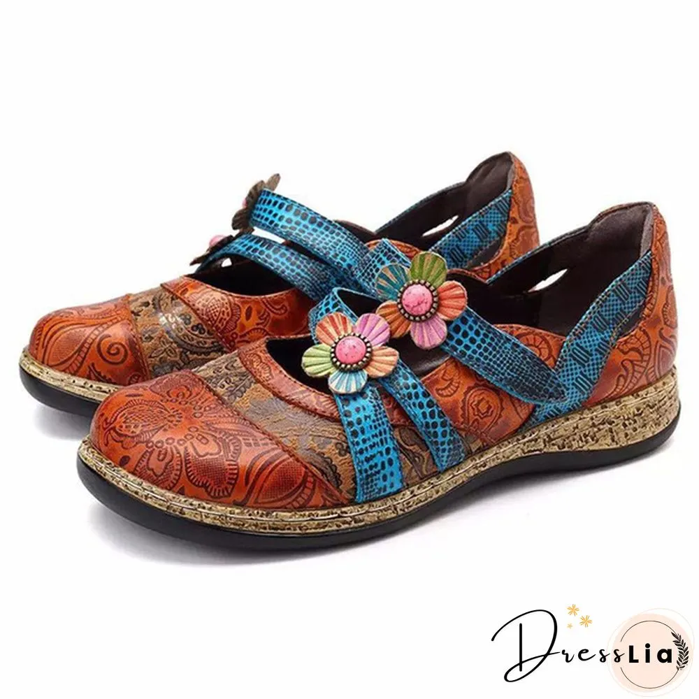 Womens Retro British Floral Leather Sandals Color Stitching Shackles Stripes 
